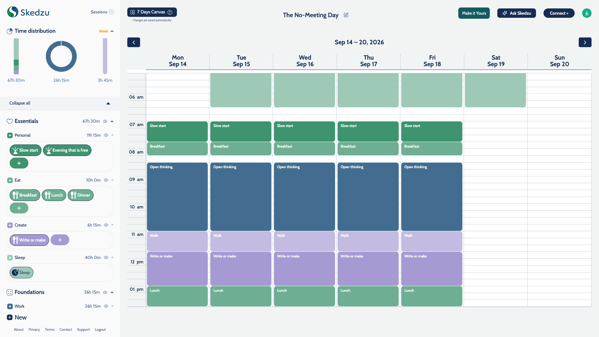 The No-Meeting Day on the Skedzu week canvas